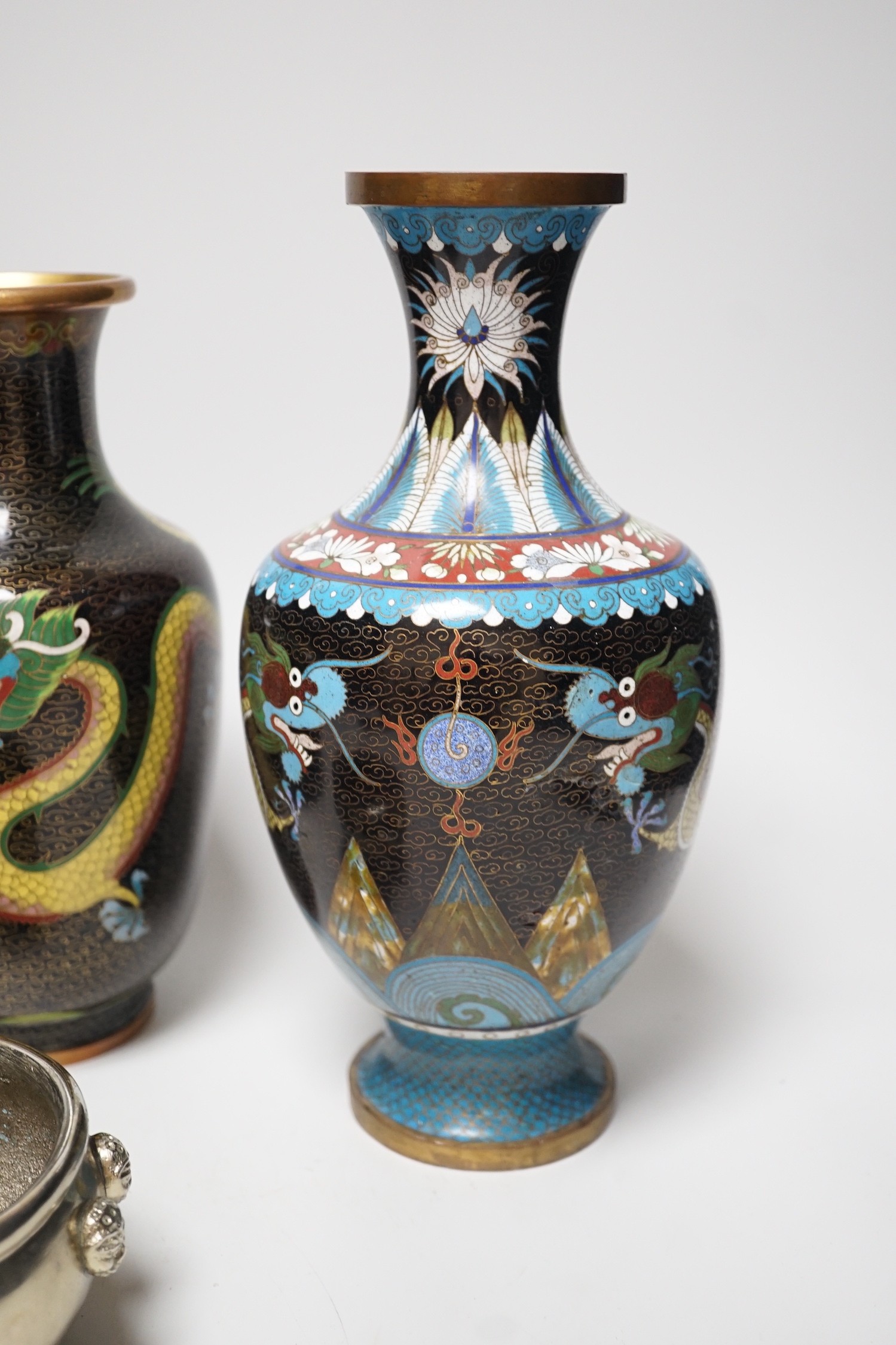 Three Chinese cloisonné enamel vases and a small bronze censer, Tallest 26cm